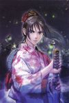 1girl black_hair brown_eyes brown_hair female flower highres holding holding_sword holding_weapon japanese_clothes kawano_takuji kimono long_hair looking_at_viewer night official_art ponytail simple_background solo soul_calibur sword taki_(soulcalibur) weapon