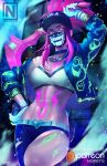  1girl akali bare_shoulders baseball_cap belt blue_eyes blue_jacket bracelet breasts choker cleavage collar crop_top earrings fingerless_gloves gloves hand_on_hip hat holding holding_weapon idol jacket jewelry k/da_(league_of_legends) k/da_akali league_of_legends long_hair looking_at_viewer microphone midriff nail_polish navel norman_de_mesa off_shoulder pink_hair ponytail solo spray_can tile_floor tiles toned ultraviolet_light weapon 