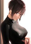  1girl backlighting breasts brown_eyes brown_hair covered_nipples eyebrows_visible_through_hair from_above highres kilye_4421 large_breasts lips looking_at_viewer looking_to_the_side no_bra original skin_tight solo turtleneck 