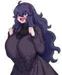  1girl @_@ ahoge al_bhed_eyes alternate_breast_size bags_under_eyes black_sweater breasts clenched_hands creatures_(company) curvy dress game_freak hair_between_eyes hairband happy hex_maniac_(pokemon) highres huge_breasts long_dress long_hair messy_hair nail_polish nintendo open_mouth pokemon pokemon_(game) pokemon_xy purple_dress purple_hair purple_hairband purple_nails ribbed_sweater smile solo space_jin spider_web_print sweater turtleneck turtleneck_sweater violet_eyes 