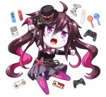  1girl ahoge arm_up bangs black_hat black_shirt black_sleeves blush breasts brown_hair chibi cleavage cleavage_cutout clenched_hands controller detached_sleeves eyebrows_visible_through_hair fingernails game_boy game_controller grey_skirt hair_between_eyes handheld_game_console hat instrument large_breasts long_hair long_sleeves maracas mini_hat mini_top_hat multicolored_hair nail_polish nijisanji no_shoes open_mouth pink_hair pink_legwear pink_nails playstation_controller pleated_skirt shirt simple_background skirt sleeveless sleeveless_shirt sleeves_past_wrists solo thigh-highs tilted_headwear top_hat twintails two-tone_hair utsurogi_angu v-shaped_eyebrows very_long_hair violet_eyes virtual_youtuber white_background yamiyono_moruru 