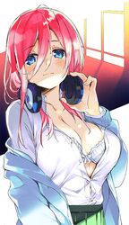  1girl :3 arm_at_side bangs blue_eyes blush bra breasts buttons closed_mouth collarbone commentary_request eyebrows_visible_through_hair go-toubun_no_hanayome green_skirt hair_between_eyes headphones headphones_around_neck large_breasts long_hair long_sleeves looking_at_viewer nakano_miku open_clothes open_shirt shimeji_(4_me_ji) shirt skirt smile solo unbuttoned underwear upper_body wavy_mouth white_bra white_shirt 