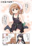  2girls :d :o ^_^ anchor_symbol apron arm_support armband bangs bare_arms bare_shoulders black_apron black_hair blush breasts brown_eyes brown_hair closed_eyes closed_eyes collarbone comic commentary_request double_bun eyebrows_visible_through_hair fusou_(kantai_collection) grey_legwear hair_ornament head_scarf highres indoors japanese_clothes kantai_collection kimono kneehighs large_breasts long_hair michishio_(kantai_collection) multiple_girls naked_apron no_shoes open_mouth parted_lips ribbed_legwear shirt side_bun sleeveless sleeveless_kimono smile tenshin_amaguri_(inobeeto) translation_request twintails white_kimono white_shirt 