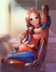  1girl alle_gro bangs blue_eyes blue_gloves blue_legwear blue_neckwear brown_footwear brown_hair chair fate/grand_order fate_(series) gloves indoors leonardo_da_vinci_(fate/grand_order) loafers long_hair looking_at_viewer parted_bangs puff_and_slash_sleeves puffy_short_sleeves puffy_sleeves red_skirt scrunchie shoes short_sleeves sitting skirt smile solo 