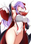  1girl :q armpits bb_(fate)_(all) bb_(fate/extra_ccc) bb_(swimsuit_mooncancer)_(fate) breasts coat covered_navel fate/grand_order fate_(series) gloves groin hair_ribbon highres hyuuman large_breasts long_hair midriff one-piece_swimsuit outstretched_arms purple_hair ribbon simple_background smile solo swimsuit tongue tongue_out violet_eyes white_background 