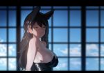  1girl absurdres animal_ears armpit_crease atago_(azur_lane) azur_lane bangs bare_shoulders black_dress black_hair black_leotard blue_sky blurry breasts brown_eyes cleavage closed_mouth clouds commentary_request day depth_of_field dress extra_ears from_side grey_ribbon hair_ribbon highres ihobus large_breasts leotard letterboxed long_hair looking_at_viewer ribbon sideboob sky sleeveless strapless swept_bangs tongue tongue_out upper_body window 