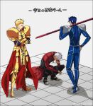  3boys akujiki59 anger_vein annoyed archer_(fate) armor blonde_hair blue_hair closed_eyes commentary_request crossed_arms cu_chulainn_(fate) cu_chulainn_(fate/stay_night) earrings fate/stay_night fate_(series) full_body gae_bolg_(fate) gilgamesh_(fate) holding holding_weapon jewelry looking_at_another male_focus multiple_boys ponytail shoulder_armor squatting sweatdrop translation_request twitter_username weapon white_hair 