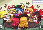  &gt;_&lt; 6+girls :d ^_^ alcohol beer beer_mug black_hair blonde_hair blue_hair bottle bow calendar_(object) closed_eyes closed_eyes commentary_request detached_sleeves fang food hair_bow hair_ribbon hair_tubes hakurei_reimu hat hecatia_lapislazuli hinanawi_tenshi ibuki_suika junko_(touhou) kumamoto_(bbtonhk2) lowres mob_cap multiple_girls open_mouth orange_hair pixel_art plate red_eyes redhead ribbon rumia shirt skirt smile touhou vest yakumo_yukari 