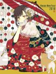  1girl 2018 akakura ball bangs black_hair capelet chin_rest chinese_zodiac commentary_request dog earrings floral_print flower gloves grey_eyes hair_bun hair_flower hair_ornament hairclip happy_new_year highres holding holding_umbrella japanese_clothes jewelry kanzashi kimono lace-trimmed_capelet looking_at_animal new_year obi oriental_umbrella original red_kimono sash smile solo squatting temari_ball translated umbrella white_capelet white_gloves year_of_the_dog 