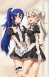  2girls apron athenawyrm blue_hair blurry blurry_background blush brooch cute fang female_my_unit_(fire_emblem_if) fire_emblem fire_emblem:_kakusei fire_emblem_heroes fire_emblem_if highres intelligent_systems jewelry long_hair looking_at_viewer looking_back lucina maid maid_apron maid_headdress multiple_girls my_unit_(fire_emblem_if) nintendo open_mouth pointy_ears red_eyes silver_hair smile standing super_smash_bros. super_smash_bros._ultimate super_smash_bros_for_wii_u_and_3ds thigh_scrunchie tray twintails very_long_hair wrist_cuffs 