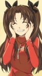  1girl black_bow bow brown_hair chiharu_(9654784) closed_eyes fate/stay_night fate_(series) grin hair_bow hands_on_own_cheeks hands_on_own_face highres long_hair long_sleeves red_shirt shirt simple_background smile solo tohsaka_rin twintails upper_body very_long_hair yellow_background 