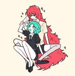  2others androgynous aqua_eyes aqua_hair crystal_hair eyebrows_visible_through_hair full_body gem_uniform_(houseki_no_kuni) hand_in_another&#039;s_hair houseki_no_kuni long_hair looking_at_another multiple_others necktie open_mouth padparadscha_(houseki_no_kuni) phosphophyllite red_eyes redhead short_hair simple_background sitting sparkle thigh-highs very_long_hair wavy_hair 