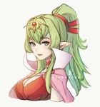  1girl bangs breasts cape chiki cleavage commentary dress english_commentary eyebrows_visible_through_hair fire_emblem fire_emblem:_kakusei fire_emblem:_mystery_of_the_emblem fire_emblem_heroes green_eyes green_hair hair_between_eyes hair_ornament highres intelligent_systems large_breasts long_hair looking_at_viewer nintendo pointy_ears ponytail red_dress smile teenage tiara zedoraart 