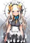 1girl abigail_williams_(fate/grand_order) alternate_costume apron bangs black_bow black_shirt black_skirt blonde_hair blue_eyes blush bow breasts bug butterfly commentary_request crossed_bandaids dress_shirt enmaided eyebrows_visible_through_hair fate/grand_order fate_(series) hair_bow highres insect key long_hair maid maid_headdress orange_bow parted_bangs parted_lips pleated_skirt shirt skirt slumcat small_breasts solo striped striped_shirt vertical-striped_shirt vertical_stripes very_long_hair waist_apron white_apron 