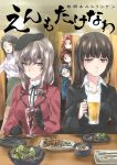  6+girls :d alcohol azumi_(girls_und_panzer) bangs beer beer_mug beret black_eyes black_hair black_hat black_jacket black_legwear black_neckwear bottle brown_eyes brown_hair casual chopsticks chouno_ami circle_name closed_mouth commentary_request cover cover_page cup doujin_cover dress_shirt froth girls_und_panzer green_skirt grey_hair hat high_collar holding holding_cup indoors jacket jacket_on_shoulders japan_ground_self-defense_force japan_self-defense_force kuroi_mimei light_brown_hair light_frown long_sleeves mature megumi_(girls_und_panzer) military miniskirt multiple_girls neck_ribbon nishizumi_shiho no_jacket open_mouth parted_bangs peeking_out pencil_skirt plate red_jacket redhead restaurant ribbon round_eyewear rumi_(girls_und_panzer) shimada_chiyo shirt shishkebab short_hair sitting skirt smile standing straight_hair sweatdrop swept_bangs translation_request white_shirt wine_bottle 