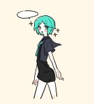  1other alternate_costume androgynous aqua_eyes aqua_hair crystal_hair eyebrows_visible_through_hair houseki_no_kuni looking_at_viewer looking_back necktie open_mouth phosphophyllite sailor_collar short_hair shorts simple_background solo sparkle speech_bubble suspenders 