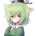  1girl :/ animal_ear_fluff animal_ears aqua_eyes bangs black_hat blush cat_ears closed_mouth commentary_request ear_wiggle eyebrows_visible_through_hair flying_sweatdrops frilled_sleeves frills from_side green_hair hair_between_eyes hand_on_own_chest hat highres kemonomimi_mode long_sleeves looking_at_viewer looking_to_the_side motion_lines pudding_(skymint_028) short_hair simple_background sleeves_past_fingers sleeves_past_wrists soga_no_tojiko solo tate_eboshi touhou upper_body white_background 