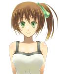  1girl bow breasts brown_hair chiharu_(9654784) cleavage collarbone green_bow green_eyes hair_between_eyes hair_bow highres looking_at_viewer medium_breasts original shiny shiny_skin shirt short_hair side_ponytail simple_background sleeveless sleeveless_shirt smile solo upper_body white_background white_shirt 