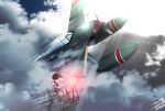  1girl absurdres ace_combat ace_combat_7 artist_name brown_hair clouds cloudy_sky comic commentary_request e16a_zuiun hibiki_zerocodo highres hyuuga_(kantai_collection) japanese_clothes kantai_collection parachute parody propeller short_hair short_sleeves skirt sky solo sunlight 