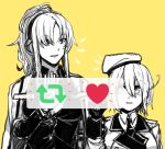  2girls ahoge angelina_(girls_frontline) female_commander_(girls_frontline) fingerless_gloves girls_frontline gloves headphones highres monochrome multiple_girls ponytail sketch touchscreen u_nagidon yellow_background 