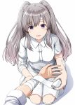  1girl :d bandage bandaid breasts dress eyebrows_visible_through_hair highres idolmaster idolmaster_shiny_colors kamelie large_breasts long_hair looking_at_viewer nurse open_mouth silver_hair simple_background smile solo_focus twintails violet_eyes white_background white_dress yuukoku_kiriko 