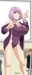  1girl absurdres bag blurry breasts classroom cleavage competition_swimsuit depth_of_field erect_nipples highres hip_bones large_breasts lavender_hair looking_at_viewer off_shoulder one-piece_swimsuit one_eye_closed pink_eyes purple_hair saizu_nitou_gunsou school_bag shinjou_akane short_hair smile solo ssss.gridman standing strap_gap swimsuit twitter_username v window 