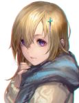  1girl artist_name blonde_hair coat commentary_request cross hair_between_eyes hair_ornament highres long_hair looking_at_viewer luen_kulo original parted_lips scarf signature simple_background solo upper_body violet_eyes white_background 