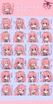  1girl bangs blue_eyes blush chibi closed_eyes commentary detached_sleeves eighth_note expressions flower hair_between_eyes hand_on_own_cheek hand_to_own_mouth head_tilt headphones heart long_hair looking_at_viewer megurine_luka musical_note one_eye_closed pink_hair polka_dot polka_dot_background ribbon shaded_face smile spoken_heart straight_hair striped striped_background translation_request very_long_hair vocaloid yoshiki 