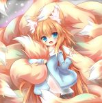  1girl absurdres animal_ear_fluff animal_ears bangs blonde_hair blue_eyes blue_sweater blush child commentary_request cowboy_shot dress eyebrows_visible_through_hair fang fox_ears fox_girl fox_tail highres kyuubi large_tail long_hair looking_at_viewer macaroni710 messy_hair multiple_tails open_mouth original smile solo standing sweater tail tail_grab tail_hug very_long_hair white_dress 