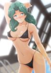  1girl bangs bikini bishoujo_senshi_sailor_moon black_bikini blue_eyes blush breasts closed_mouth covered_nipples cowboy_shot green_hair highres kaiou_michiru long_hair looking_at_viewer medium_breasts nanashi_noiji navel parted_bangs rei_no_pool smile solo swimsuit under_boob 