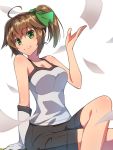  1girl ahoge asymmetrical_gloves black_shorts bow breasts brown_hair chiharu_(9654784) cleavage collarbone eyebrows_visible_through_hair gloves green_bow green_eyes hair_bow highres legs_crossed looking_at_viewer medium_breasts original shiny shiny_hair shiny_skin shirt short_shorts shorts side_ponytail single_glove sitting sleeveless sleeveless_shirt smile solo white_gloves white_shirt 