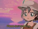  1girl 90s aqua_eyes artist_name backpack bag black_hair blush clouds cloudy_sky english_text eyebrows_visible_through_hair fake_screenshot hat hat_feather helmet highres kaban_(kemono_friends) kemono_friends looking_at_viewer oldschool open_mouth pink_sky pith_helmet portrait red_shirt reflection shirt short_hair sky smile solo subtitled tearing_up veechoochoo vhs_artifacts water white_hat 
