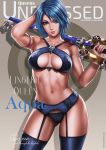  1girl aqua_(kingdom_hearts) arm_behind_head armband armpits artist_name ass_visible_through_thighs biceps blue_bra blue_eyes blue_hair blue_panties bra breasts cleavage collarbone cover dandon_fuga garter_belt garter_straps grey_background heart highres keyblade kingdom_hearts kingdom_hearts_birth_by_sleep lingerie looking_at_viewer magazine_cover medium_breasts navel over_shoulder panties pinup short_hair simple_background smile solo standing stomach thigh-highs thigh_gap toned underwear weapon weapon_over_shoulder 