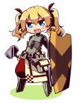  1girl :d armored_boots bangs black_skirt blonde_hair blue_eyes blush boots breastplate chibi colored_shadow commentary_request eyebrows_visible_through_hair fortress_(sekaiju) full_body hair_between_eyes hair_ribbon holding holding_hammer holding_shield long_hair long_sleeves looking_at_viewer naga_u open_mouth pants puffy_pants red_pants red_ribbon ribbon round_teeth sekaiju_no_meikyuu sekaiju_no_meikyuu_4 shadow shield skirt smile solo standing teeth twintails upper_teeth v-shaped_eyebrows white_background 