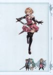  1girl absurdres bangs blonde_hair boots breasts brown_eyes collarbone djeeta_(granblue_fantasy) dress fighter_(granblue_fantasy) full_body gauntlets granblue_fantasy hairband highres holding holding_sword holding_weapon juliet_sleeves leg_up long_sleeves looking_at_viewer medium_breasts minaba_hideo official_art pink_dress pink_hairband puffy_sleeves scabbard scan sheath short_dress short_hair smile solo standing sword thigh-highs thigh_boots weapon zettai_ryouiki 