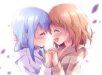  2girls :d ^_^ bangs blue_hair blurry blurry_background blush brown_hair closed_eyes closed_eyes closed_mouth commentary_request depth_of_field eyebrows_visible_through_hair facing_another fingernails gochuumon_wa_usagi_desu_ka? hair_between_eyes hands_up hood hood_down hoodie hoto_cocoa interlocked_fingers jacket kafuu_chino long_hair multiple_girls open_mouth pom_pom_(clothes) satsuki_yukimi smile striped_jacket tears upper_body upper_teeth white_background white_hoodie 