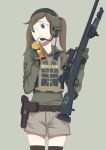  1girl bipod blue_eyes brown_hair bulletproof_vest chinese_commentary commentary_request drinking drinking_straw english_text etmc1992 gloves gun handgun headset highres holding holding_gun holding_weapon holster holstered_weapon juice_box original pistol rifle short_shorts shorts sniper_rifle solo thigh-highs twintails weapon 