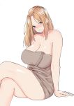  1girl absurdres bare_shoulders blonde_hair blue_eyes breasts cleavage closed_mouth collarbone commentary english_commentary folded_hair hair_ornament hairclip highres large_breasts legs_crossed long_hair looking_at_viewer norman_maggot original sitting smile teacher thighs towel 