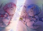  3girls :o =_= animal bangs blanket blue_hair blush bow bowtie capelet closed_eyes closed_mouth detached_sleeves emilia_(re:zero) flower hair_flower hair_ornament hairband light long_hair long_sleeves lying melings_(aot2846) multiple_girls on_back parted_lips pillow pink_hair pointy_ears puck_(re:zero) ram_(re:zero) re:zero_kara_hajimeru_isekai_seikatsu rem_(re:zero) short_hair sidelocks silver_hair sleeping white_capelet white_flower wide_sleeves x_hair_ornament yellow_neckwear younger 