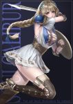  1girl absurdres armor blonde_hair blue_eyes braid breasts cleavage cross-laced_clothes cross-laced_top female fighting_stance green_eyes hair_ornament highres jewelry large_breasts long_hair looking_at_viewer murasaki-sin shield simple_background single_braid solo sophitia_alexandra soul_calibur soulcalibur_vi sword weapon 