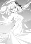  1girl ahoge aliceliese_lou_nebulis_ix breasts collarbone cowboy_shot dress eyebrows_visible_through_hair floating_hair grey_background greyscale hair_between_eyes hair_ribbon halterneck highres kimi_to_boku_no_saigo_no_senjou_arui_wa_sekai_ga_hajimaru_seisen long_dress long_hair medium_breasts monochrome nekonabe_ao novel_illustration official_art open_mouth outstretched_arm ribbon sideboob sleeveless sleeveless_dress solo standing v-shaped_eyebrows very_long_hair 