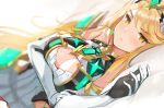  1girl bangs blonde_hair blurry blurry_background breasts circlet cleavage cleavage_cutout closed_mouth depth_of_field dress earrings elbow_gloves eyebrows_visible_through_hair gloves highres mythra_(xenoblade) jewelry lips long_hair looking_at_viewer lying nintendo on_side ormille short_dress solo swept_bangs white_dress white_gloves xenoblade_(series) xenoblade_2 yellow_eyes 