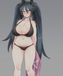  1girl bikini black_bikini blue_eyes blue_hair blush breasts cleavage eyebrows_visible_through_hair grey_background hair_between_eyes hair_ribbon hairband headband huge_breasts isuzu_(kantai_collection) kantai_collection large_breasts long_hair looking_at_viewer navel ribbon ryuun_(stiil) simple_background solo standing swimsuit twintails 