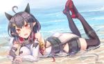  1girl abukuma_(azur_lane) ahoge azur_lane bangs bare_shoulders bell black_hair black_legwear blush breasts bridal_gauntlets commentary_request day eyebrows_visible_through_hair facial_mark fang fingerless_gloves gloves grey_shorts hair_ornament hairclip horns jingle_bell large_breasts long_hair looking_at_viewer lying on_stomach oni_horns open_mouth outdoors pointy_ears red_eyes red_ribbon remodel_(azur_lane) ribbon short_shorts shorts sideboob sky smile solo tabi thigh-highs twitter_username water yu_ni_t 