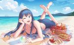  1girl :d alternate_costume apple awan97 bangs bare_shoulders beach berry blue_bikini_top blue_eyes blue_hair blue_sarong blue_sky breasts cleavage clouds commentary cup cute drink drinking_glass english_commentary fire_emblem fire_emblem:_kakusei fire_emblem_heroes food fruit full_body hair_between_eyes horizon intelligent_systems legs_crossed long_hair looking_at_viewer lucina lying medium_breasts mountainous_horizon nintendo ocean on_stomach one_eye_closed open_mouth orb picnic_basket plate sand sandwich sarong ship shore sky smile solo tiara towel watercraft waves wine_glass 