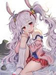  1girl azur_lane bare_shoulders blush collarbone commentary hair_ornament hairband jacket knee_up laffey_(azur_lane) lerome long_hair looking_at_viewer open_mouth pink_jacket pleated_skirt red_eyes silver_hair sitting skirt solo strap_slip twintails very_long_hair 