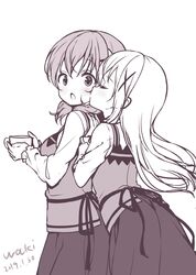  2girls :o absurdres bangs blush cheek_kiss commentary_request cup dated eyebrows_visible_through_hair gochuumon_wa_usagi_desu_ka? hair_between_eyes hair_ornament highres holding holding_cup hoto_cocoa kafuu_chino kiss long_hair long_sleeves monochrome multiple_girls neki_(wakiko) open_mouth rabbit_house_uniform shirt signature simple_background skirt uniform very_long_hair vest waitress white_background x_hair_ornament yuri 