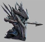  1boy aiming armor arrow belt belt_buckle bow bow_(weapon) buckle clenched_teeth gauntlets greaves grey_background helmet holding holding_arrow holding_bow_(weapon) holding_shield holding_weapon kyung_han_kim male_focus one_knee original pointy_ears pulling red_eyes shield simple_background solo teeth vambraces weapon wheel 