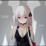  1girl artist_name bangs bare_shoulders belt black-framed_eyewear black_choker black_ribbon blurry blush breasts buttons choker cleavage closed_mouth collarbone cross detached_sleeves english_text engrish_text eyebrows_visible_through_hair girls_frontline glasses grey_background hair_between_eyes hair_ribbon highres kar98k_(girls_frontline) keenh letterboxed long_hair looking_at_viewer medium_breasts name_tag ranguage red_eyes ribbon semi-rimless_eyewear shadow solo tearing_up tears upper_body white_hair wing_collar 