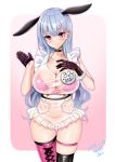  1girl 2019 animal_ears bikini black_gloves black_legwear blush boots breasts choker cleavage covered_navel cross-laced_footwear dated dress frilled_dress frills gloves gradient gradient_background highres large_breasts lavender_hair long_hair looking_at_viewer navel original pink_footwear rabbit_ears see-through short_dress simple_background single_boot smile solo swimsuit thigh-highs thigh_strap violet_eyes white_dress yuzuri_ai 